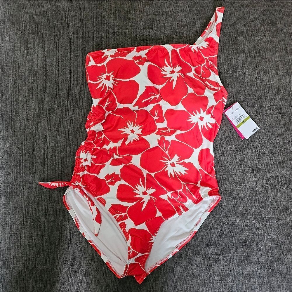 Vince Camuto Red & White Floral Print One Shoulder One Piece Swimsuit Size 14